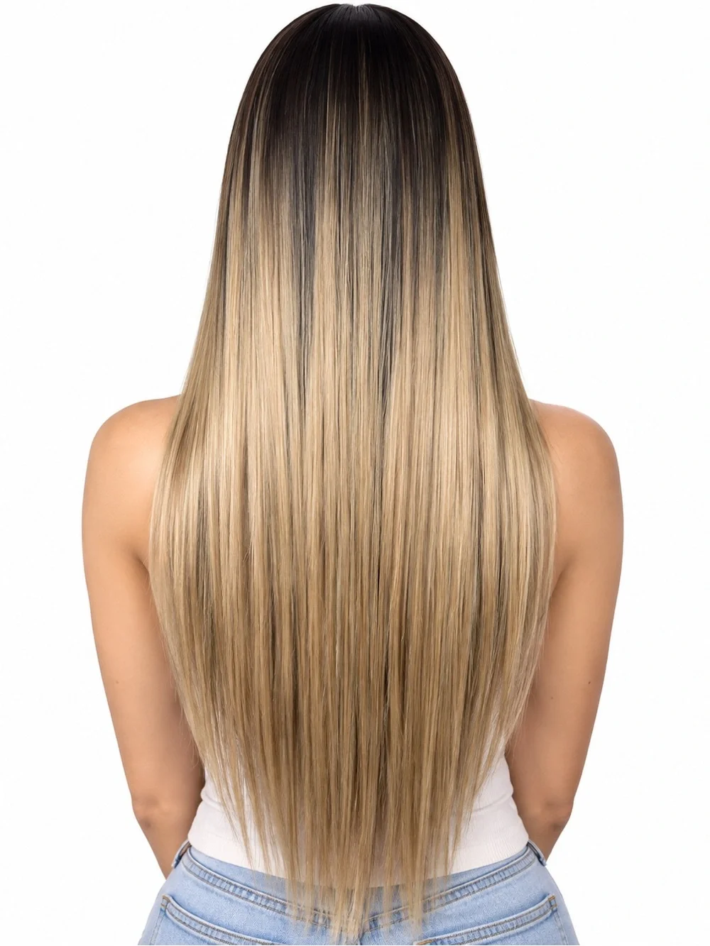 Long Straight Blonde Highlighted Wig with Blunt Fringe
